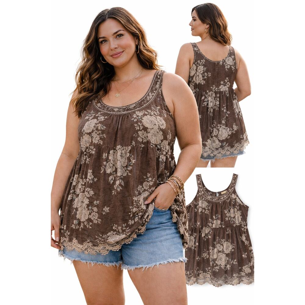 Cottagecore Floral Lace Trim Babydoll Dress Boho XXL